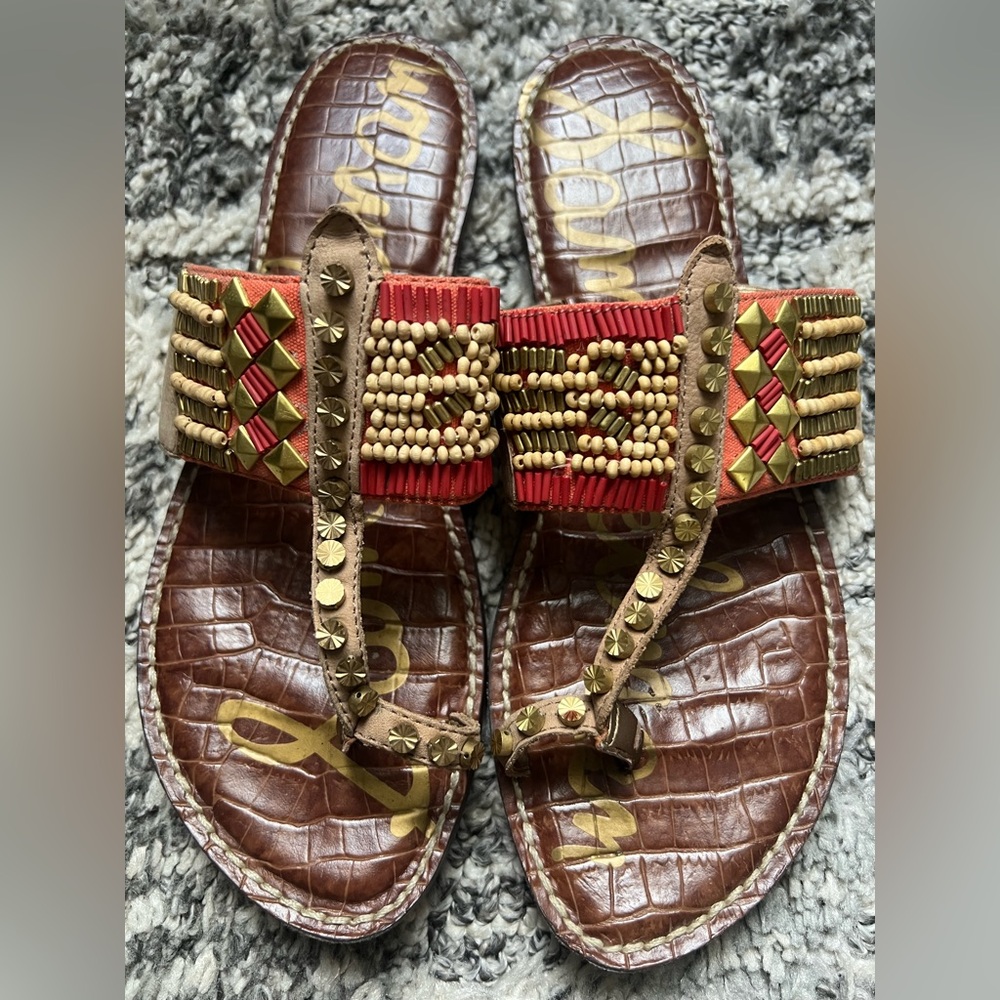 Sam Edelman Leather Upper Beaded Aztec Style Flip Flop Thong Women 7.5